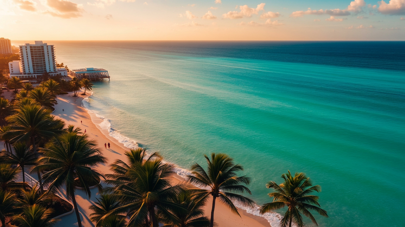 Aerial view of Miami coastline at golden hour